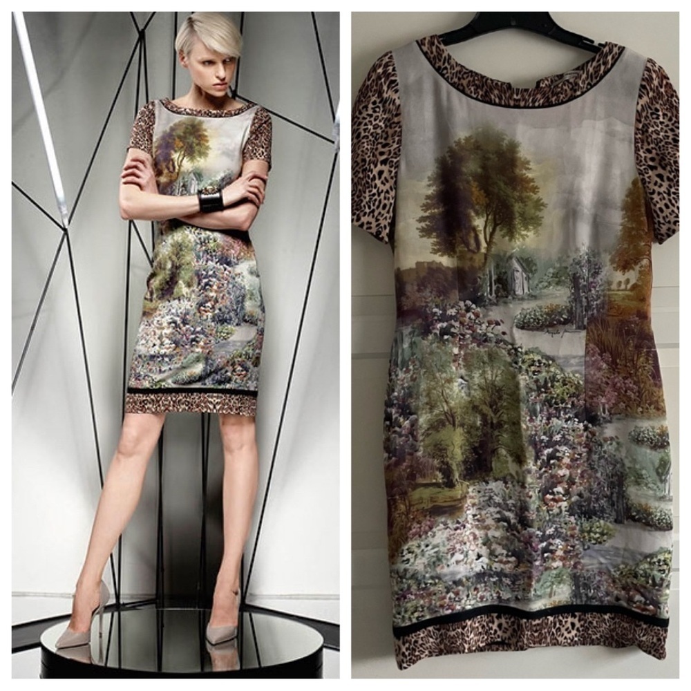 Scenic Print Mini Dress with Leopard Trim - Green/Brown